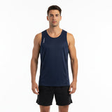 Navy sleeveless shirt with brand logo on a white background
