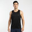Man wearing a black singlet, sleeveless shirt with SUB4 logo on a white background