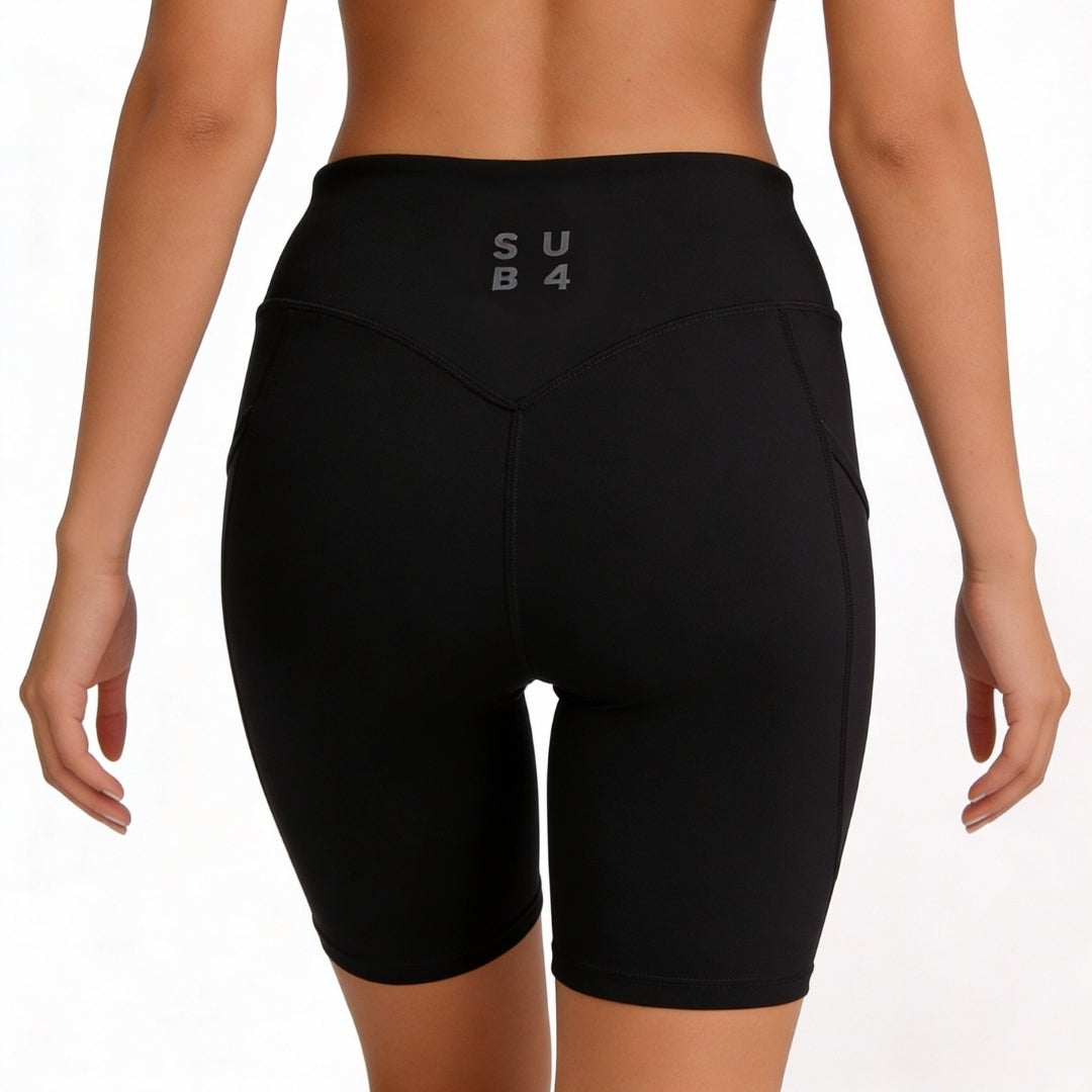 Black athletic shorts with 'SUB4' logo on a white background