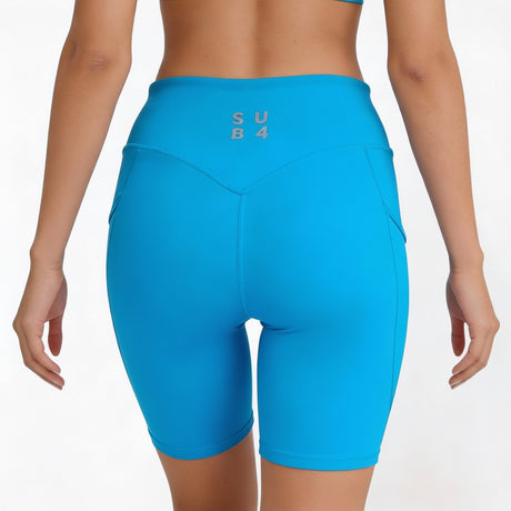 Blue athletic shorts with 'SUB 4' branding on a white background