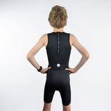 Young person wearing a black sleeveless Tri Suit outfit on a white background